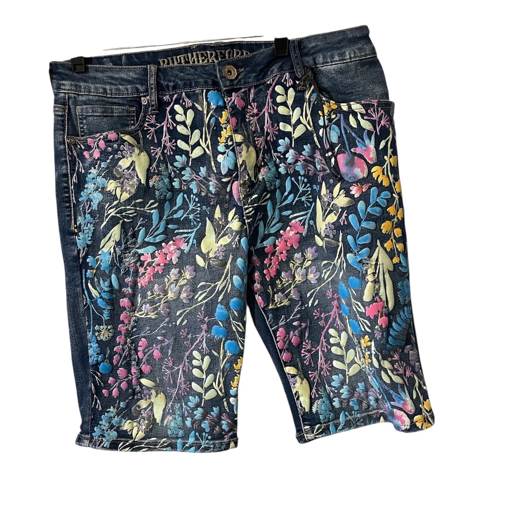 Rutherford Shorts Unisex Mens Size 34 Blue Denim Floral Streetware NWT